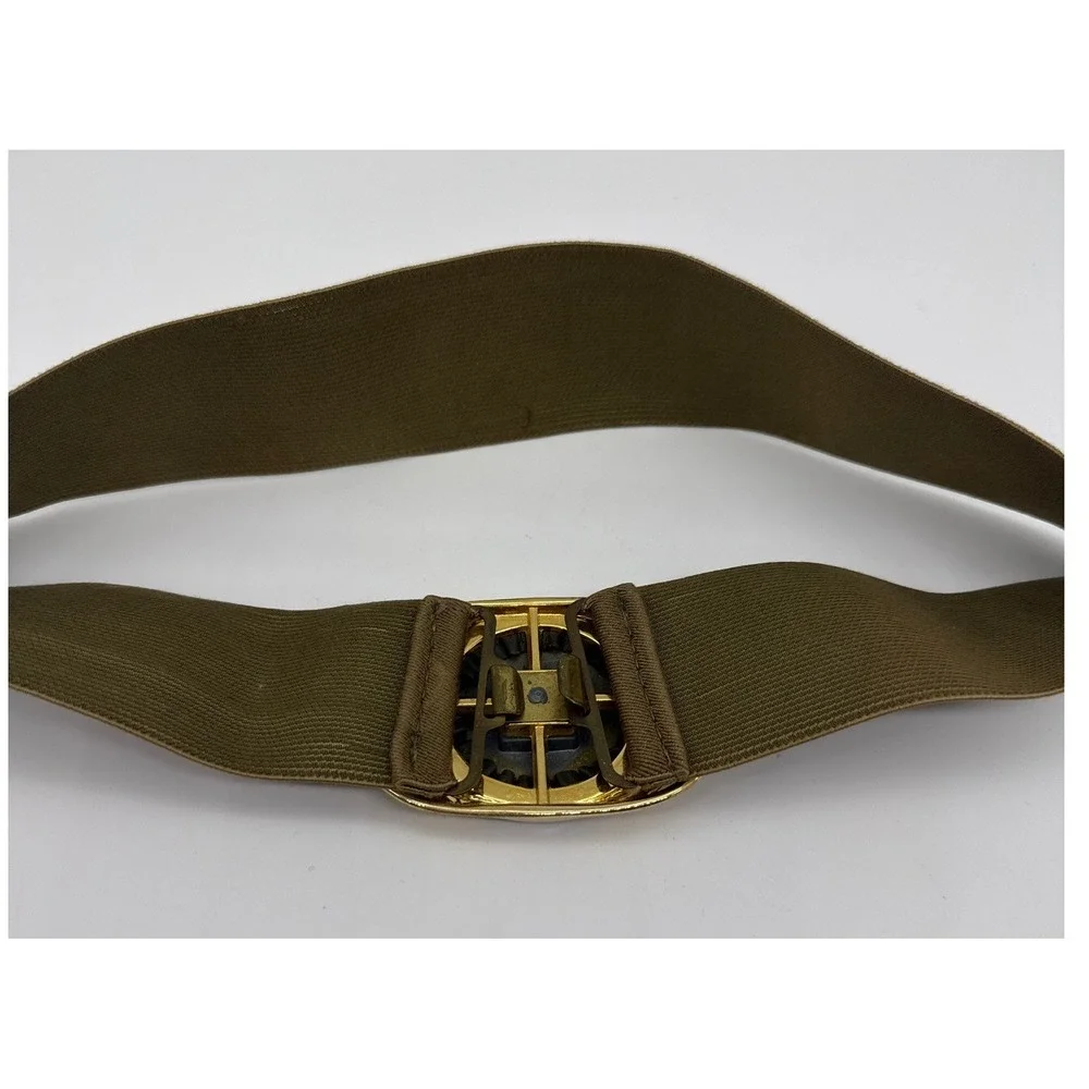 Vintage Wide Elastic Cinch Belt Olive Brown Gold Black Buckle Retro 25